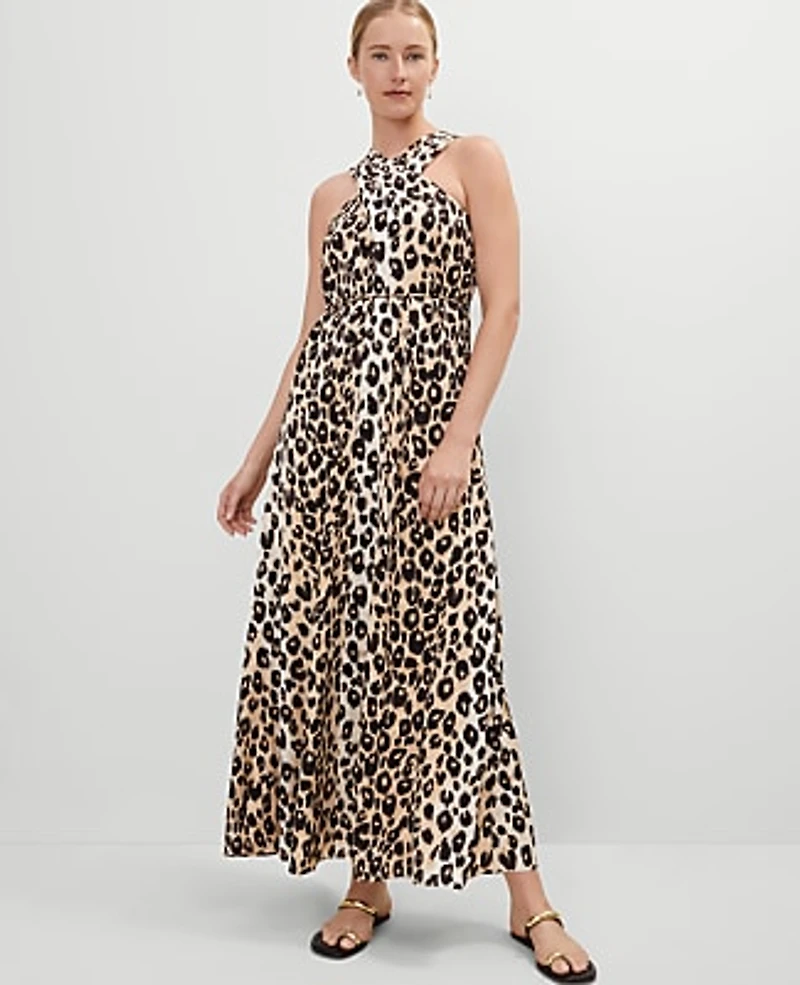 Ann Taylor Petite Animal Print Halter Maxi Dress Size Small _Black Women's