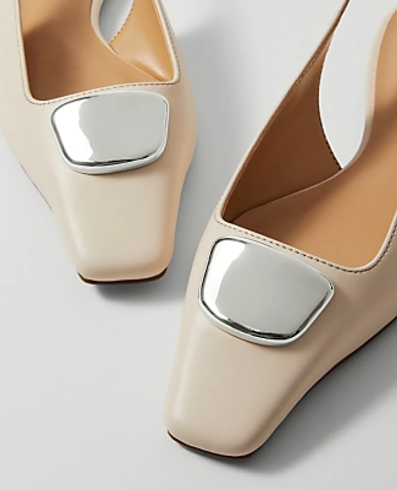 Ann Taylor Weekend Hardware Embellished Leather Slingback Flat Cream Beige Women's