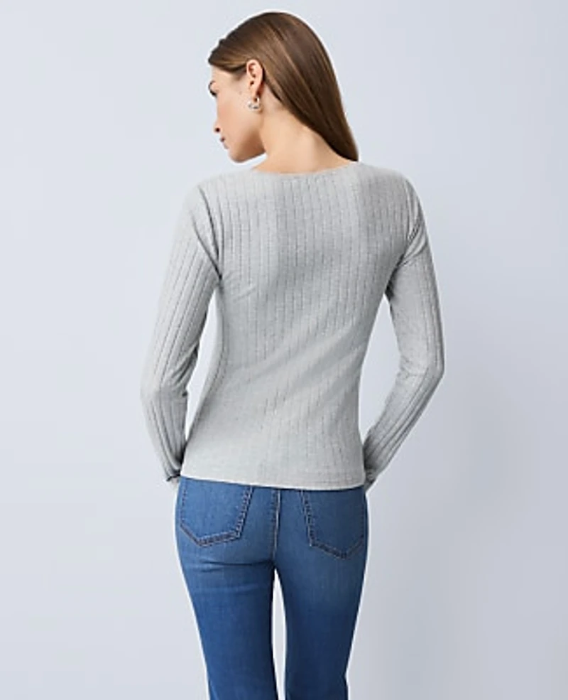 Ann Taylor Weekend Lace Trim Pointelle Top Size Large Medium Light Heather Grey Women's