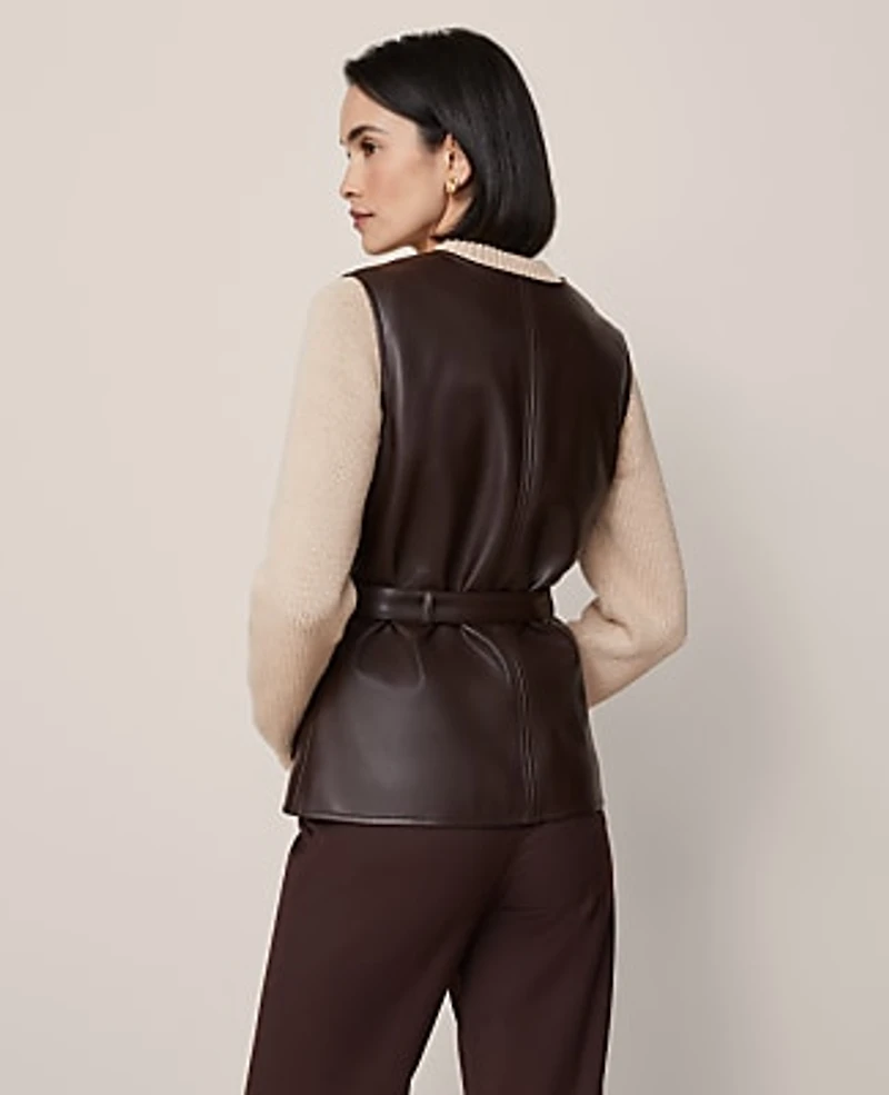 Ann Taylor Petite Belted Faux Leather Vest Size 0 Pure Chocolate Women's