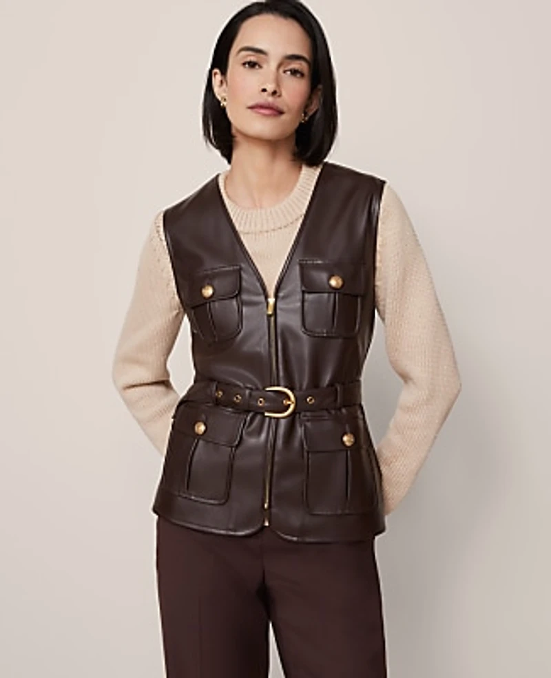 Ann Taylor Petite Belted Faux Leather Vest Size 0 Pure Chocolate Women's