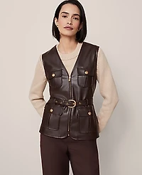 Ann Taylor Petite Belted Faux Leather Vest Size 0 Pure Chocolate Women's