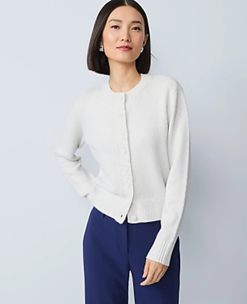 Ann Taylor Shimmer Crew Neck Cardigan Winter White Women's