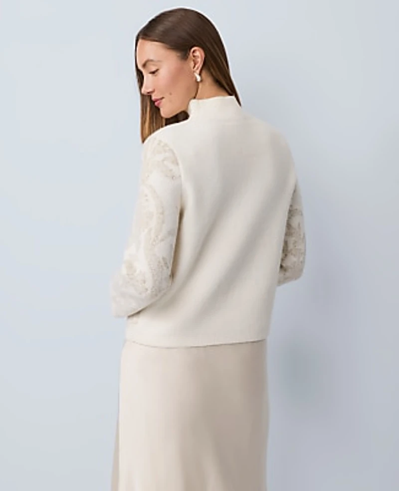 Ann Taylor Shimmer Jacquard Mock Neck Sweater Winter White Women's