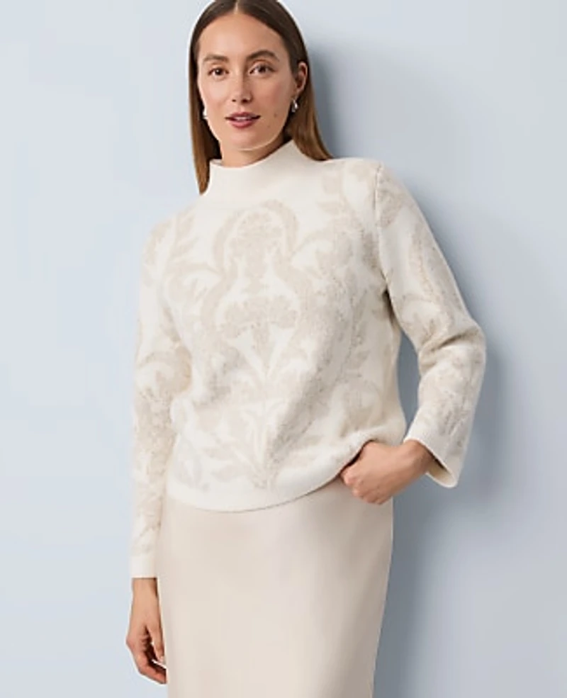 Ann Taylor Shimmer Jacquard Mock Neck Sweater Winter White Women's