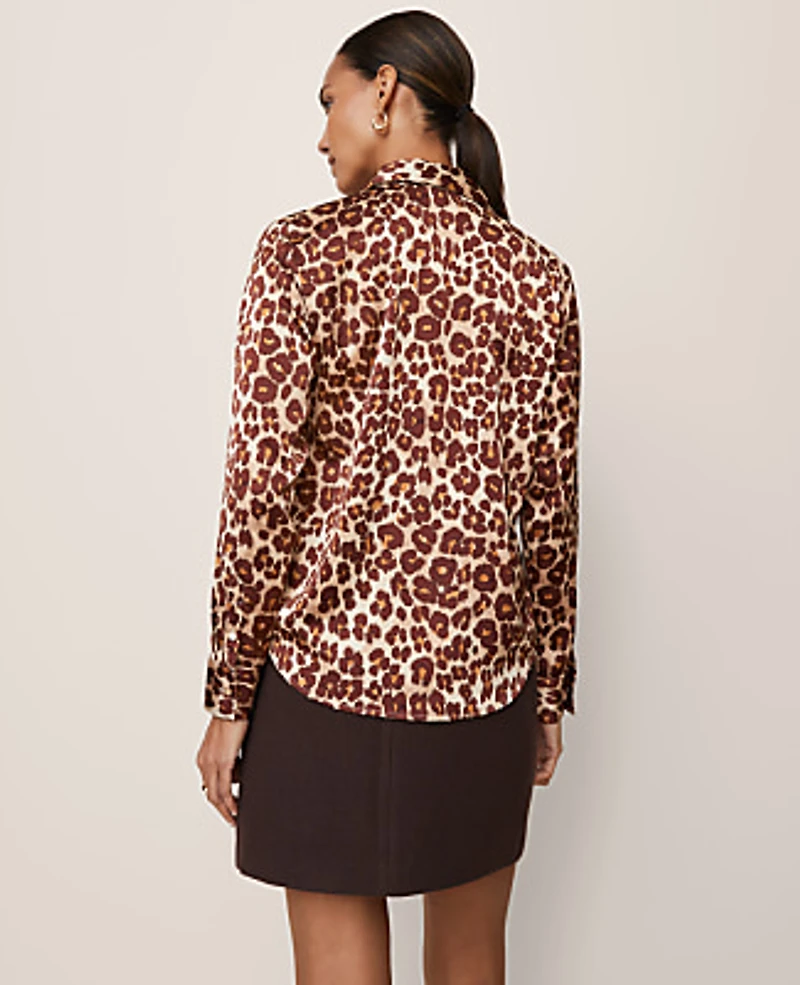 Ann Taylor Animal Print Satin Button Down Shirt Pale Sandalwood Women's