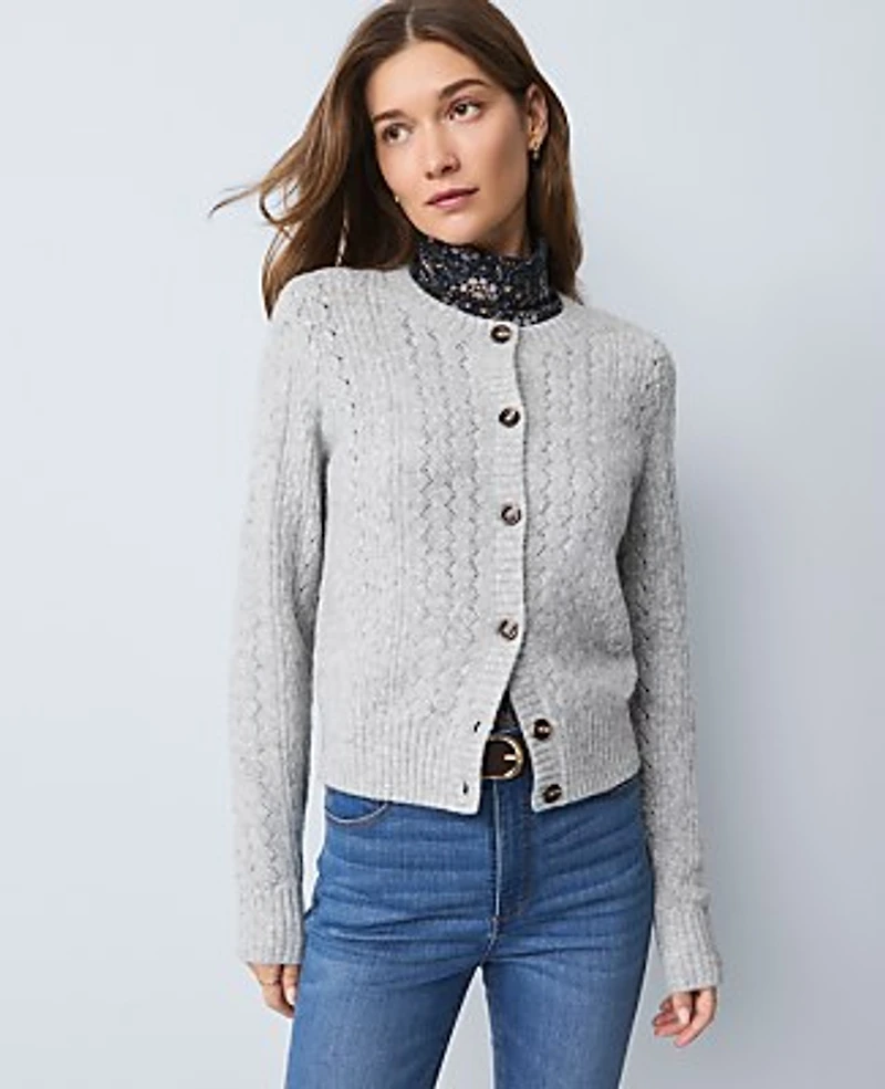 Ann Taylor Weekend Pointelle Cardigan Medium Light Heather Grey Women's