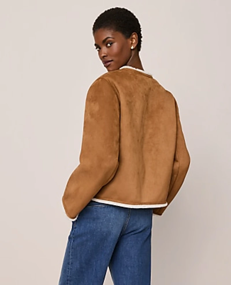 Ann Taylor Faux Suede Crew Neck Jacket White Fur/ Tan Women's
