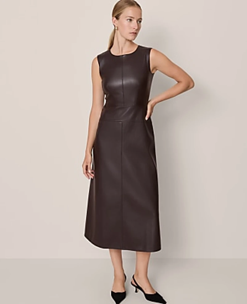 Ann Taylor Faux Leather Flare Midi Dress Size 0 Pure Chocolate Women's