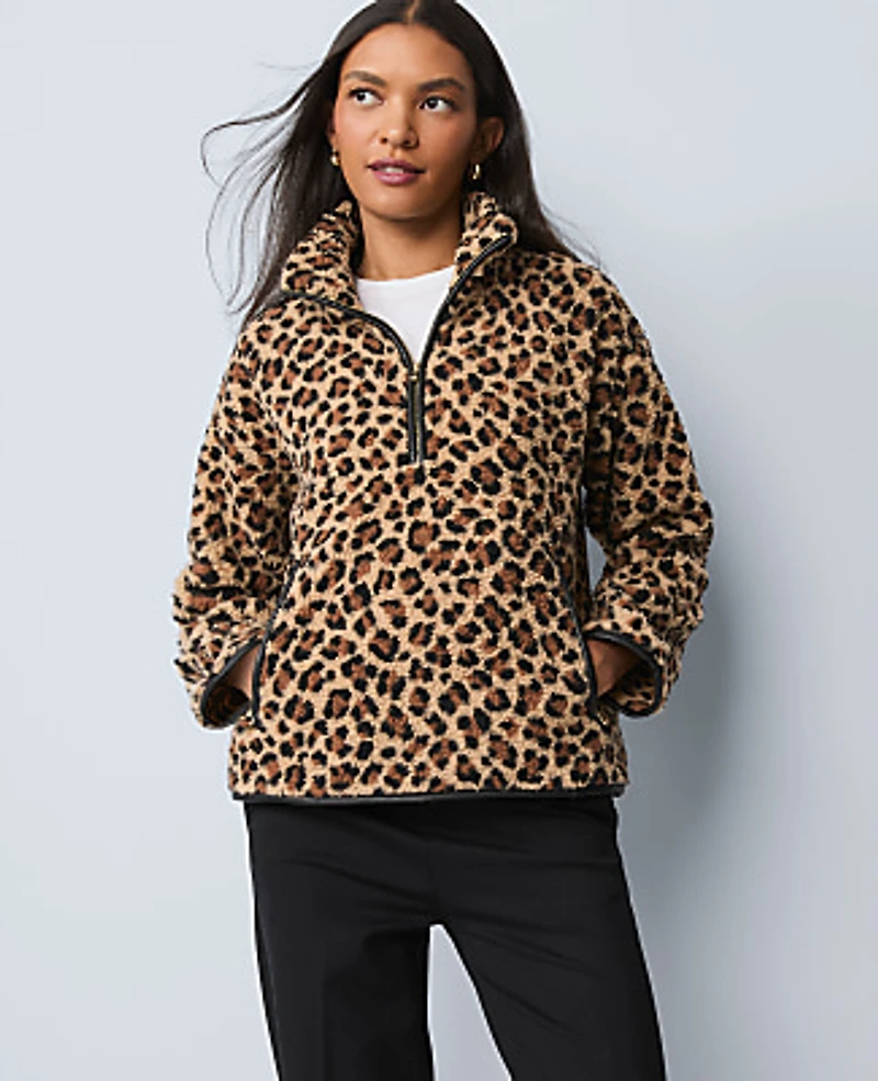 Ann Taylor Weekend Animal Print Sherpa Pullover Cafe Au Lait Women's