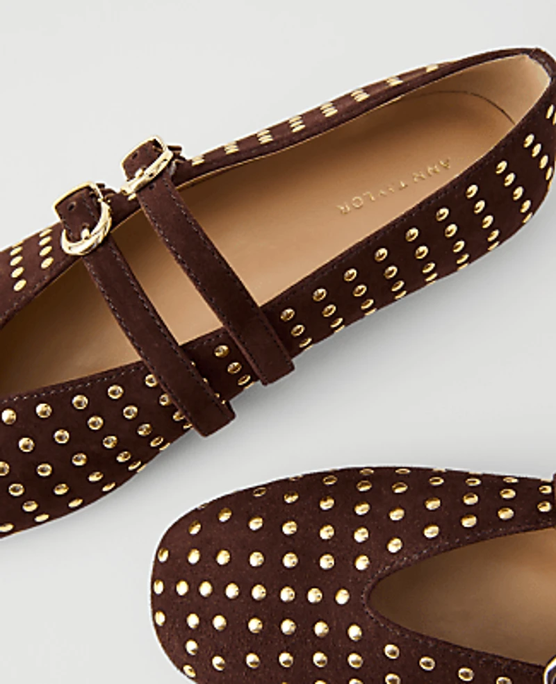 Ann Taylor Buckled Suede Studded Ballet Flat Pure Chocolate Women's