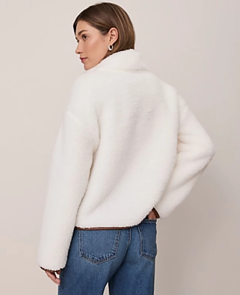 Ann Taylor Petite Weekend Half-Zip Sherpa Pullover Winter White Women's