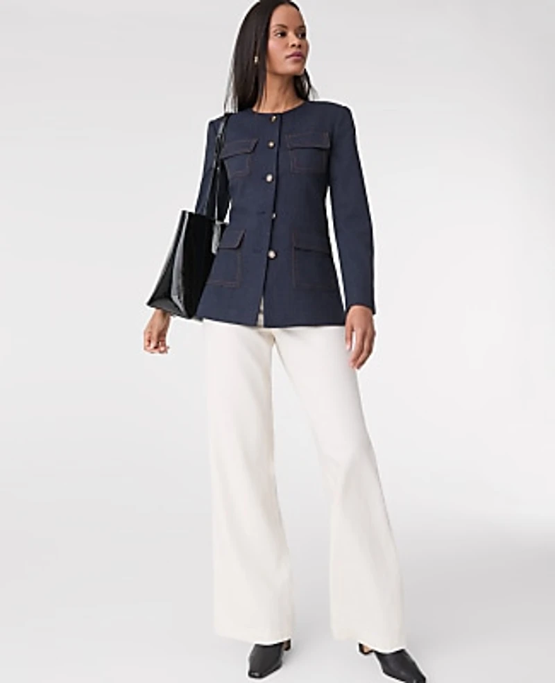 Ann Taylor The Long Crew Neck Jacket Denim Indigo Blend Women's