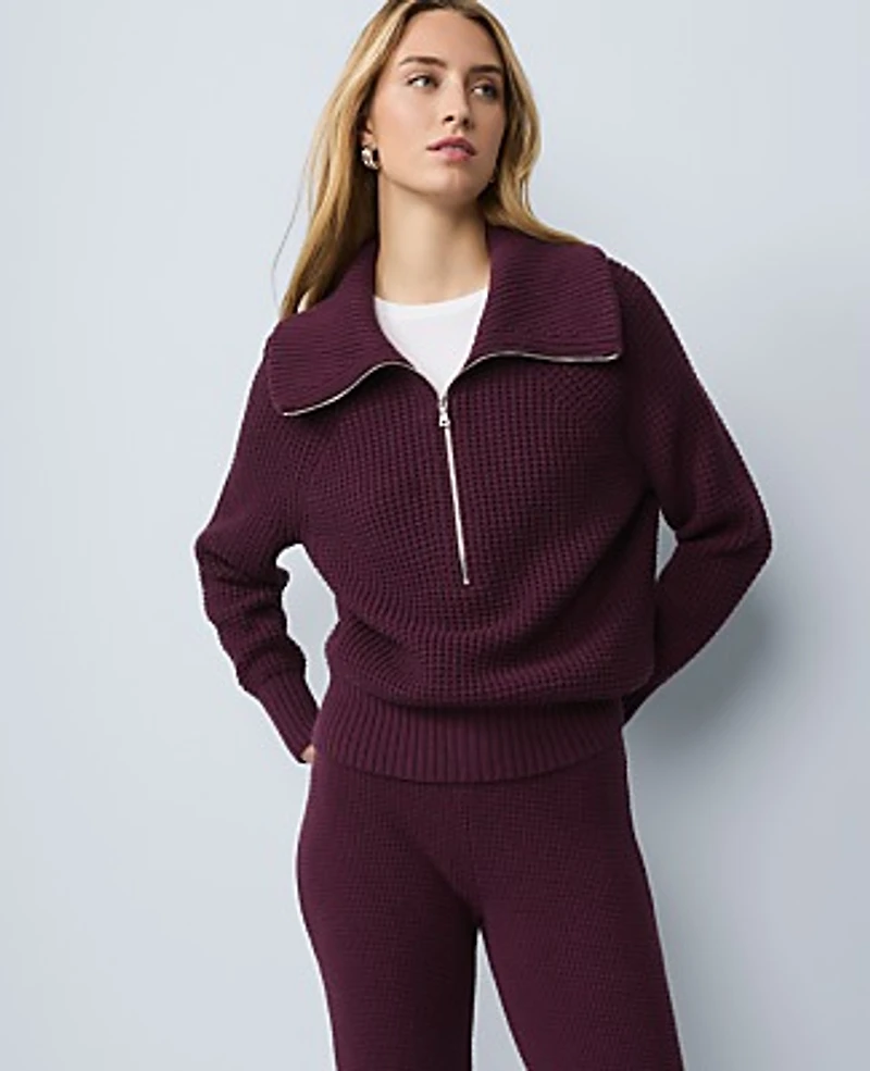 Ann Taylor Weekend Half-Zip Waffle Sweater Poised Plum Women's
