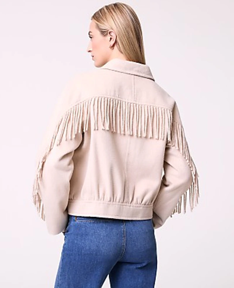 Ann Taylor Petite Weekend Fringe Bomber Jacket Pale Sandalwood Women's