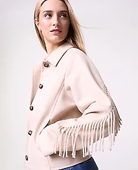 Ann Taylor Weekend Fringe Bomber Jacket Pale Sandalwood Women's