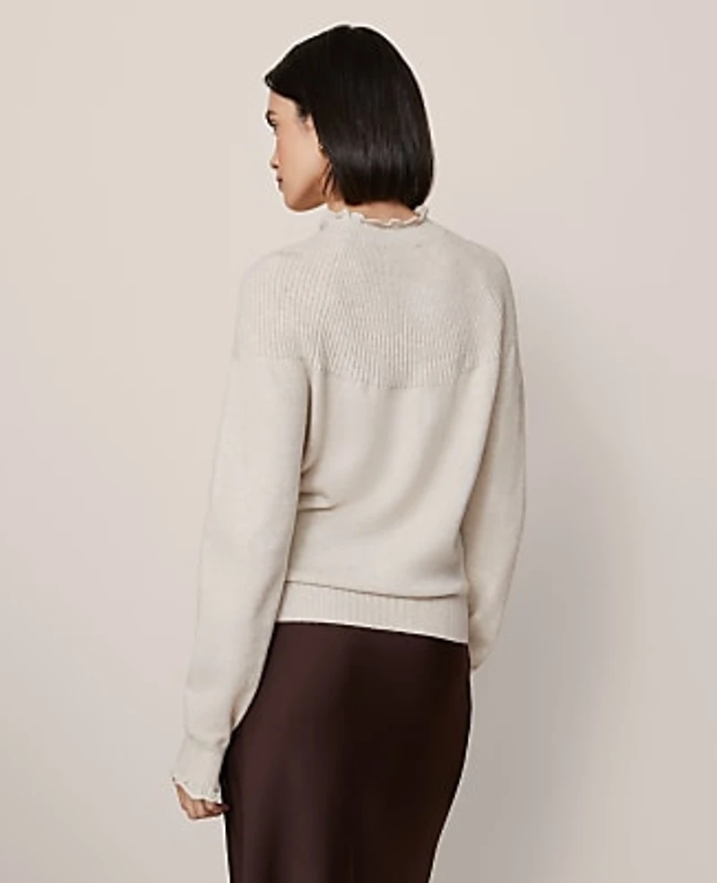 Ann Taylor Petite Ruffle Trimmed Mock Neck Sweater Size Large Pale Sand Heather Women's