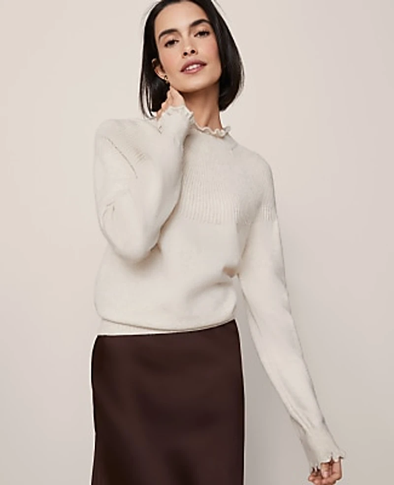 Ann Taylor Petite Ruffle Trimmed Mock Neck Sweater Size Large Pale Sand Heather Women's