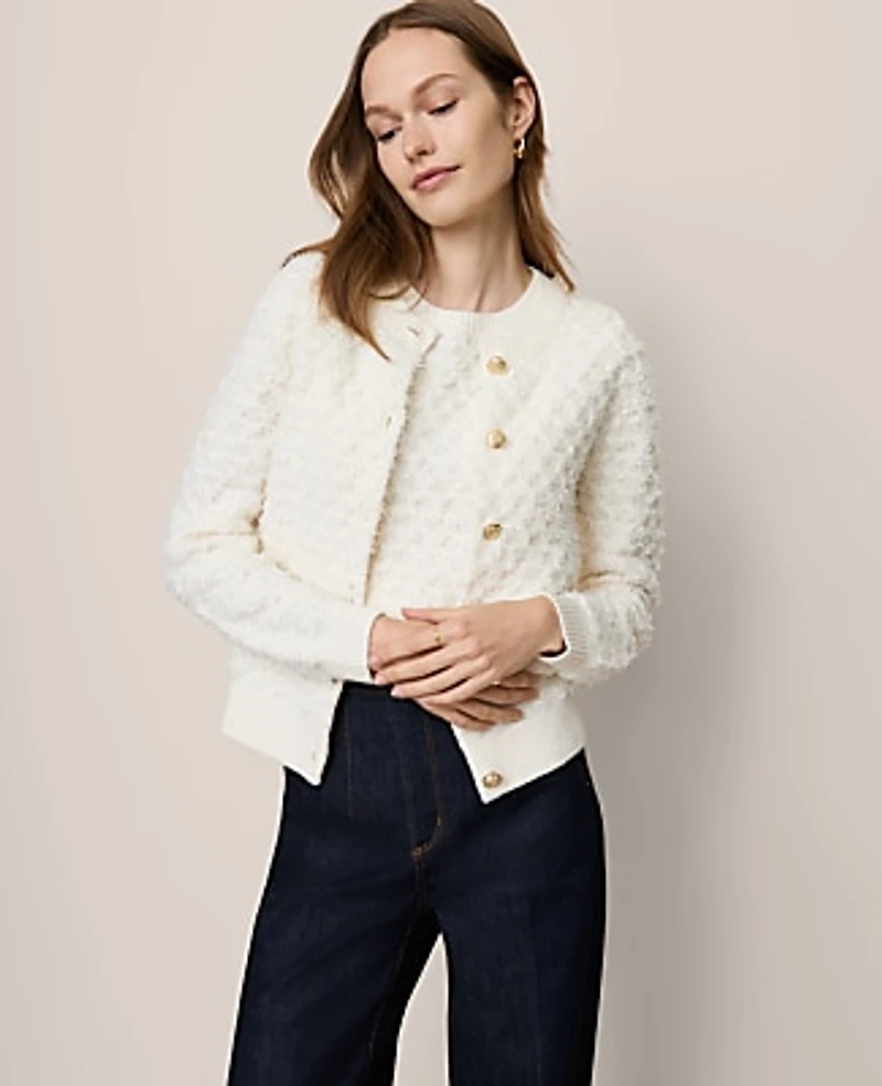 Ann Taylor Petite Tweed Cardigan Winter White Women's