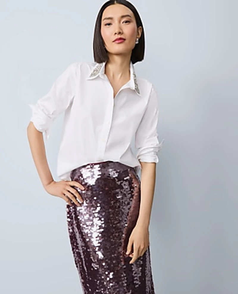 Ann Taylor Embellished Relaxed Perfect Shirt Size Small White Women's