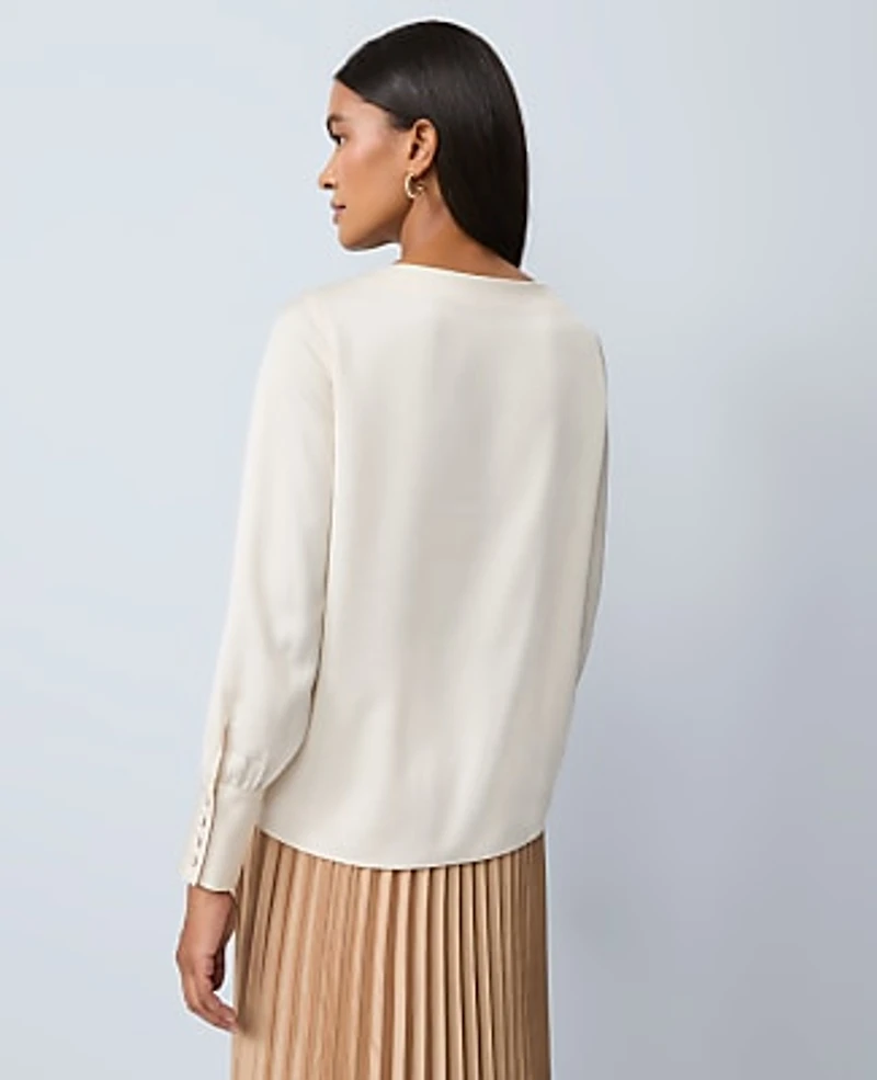 Ann Taylor Petite Satin Boat Neck Popover Top Size 2XS Feather Women's