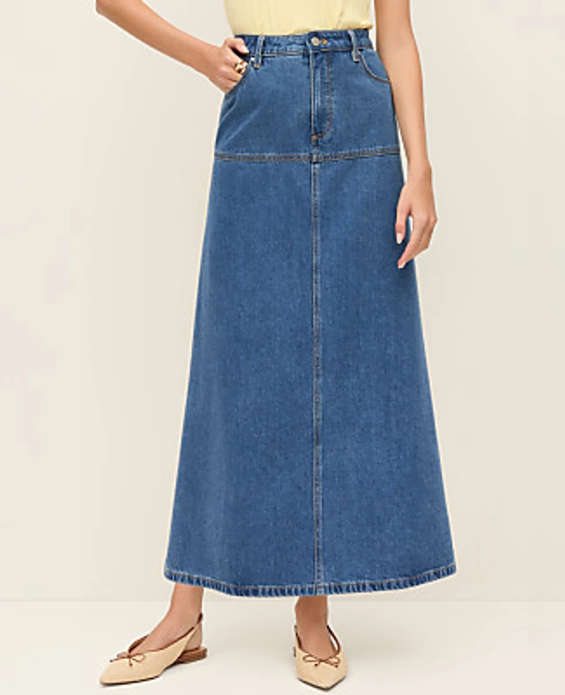 Ann Taylor Weekend Denim Midi Skirt Bright Medium Stone Wash Women's