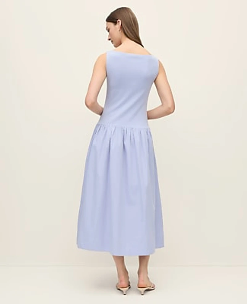 Ann Taylor Mixed Media Boatneck Midi Dress Size Small Blue Hydrangea Women's