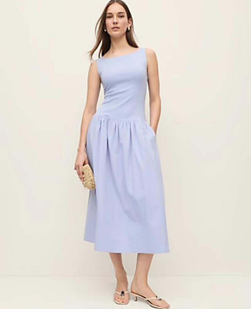 Ann Taylor Mixed Media Boatneck Midi Dress Size Small Blue Hydrangea Women's