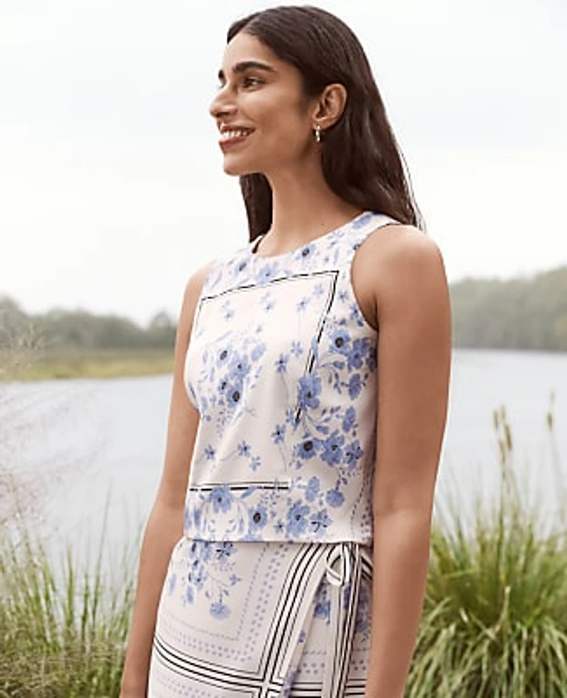 Ann Taylor Floral Cropped Halter Shell Top Blue Hydrangea Women's