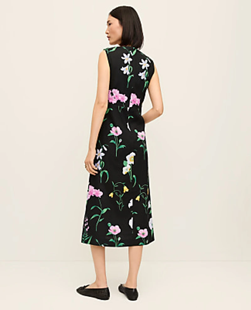 Ann Taylor Floral Linen Blend Midi Dress Black Women's