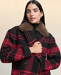 Ann Taylor Weekend Plaid Faux Fur Trimmed Peacoat Black Women's