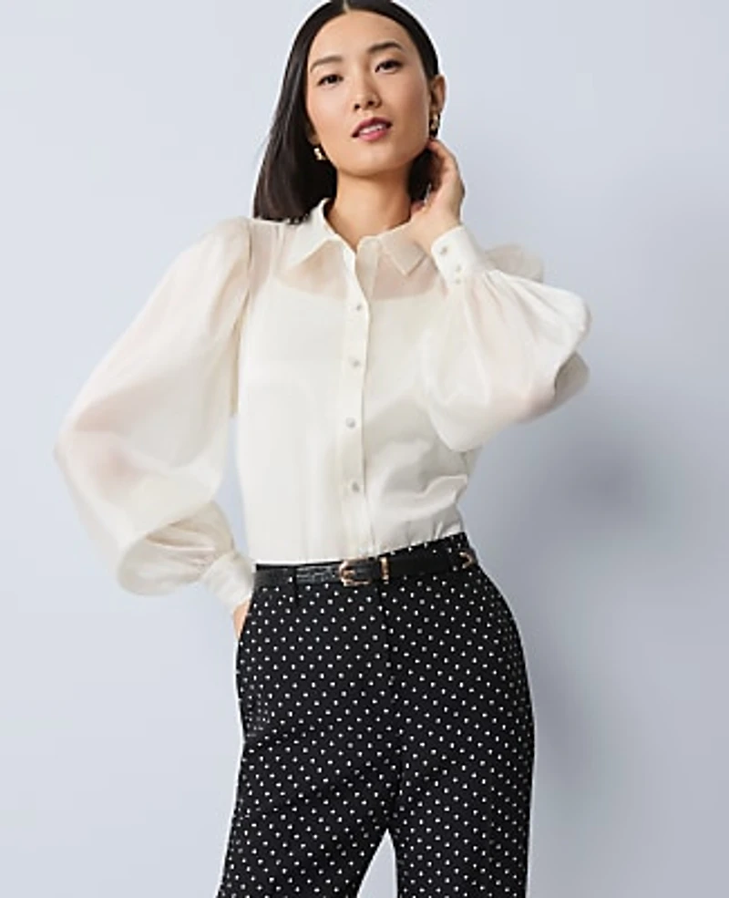 Ann Taylor Petite Collared Shirred Yoke Button Down Shirt Winter White Women's