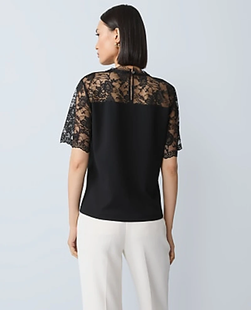 Ann Taylor Ponte Lace Trim Top Black Women's