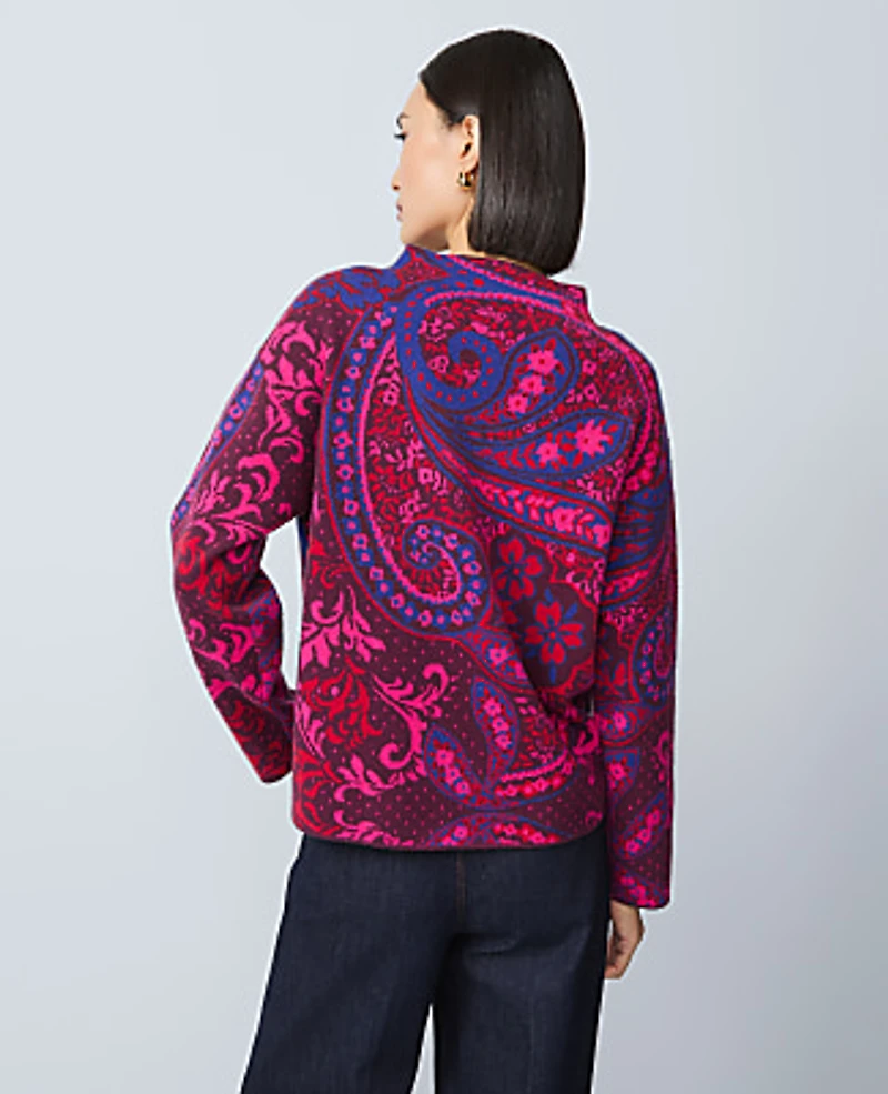 Ann Taylor Paisley Jacquard Mock Neck Sweater Jewel Red Women's