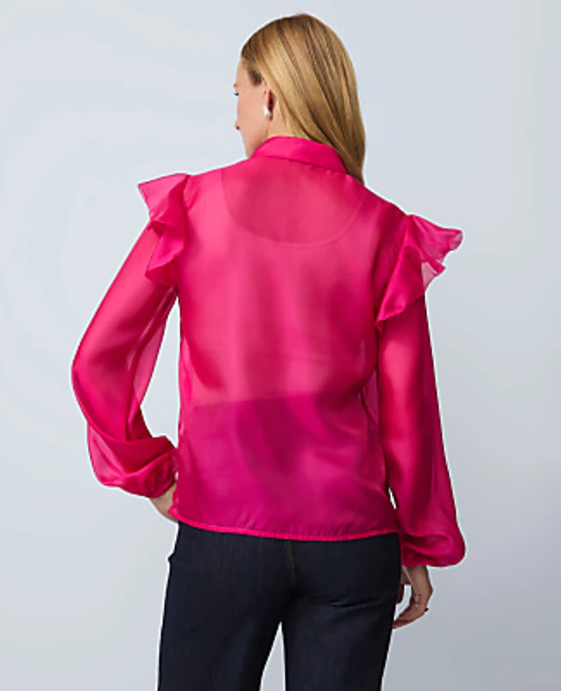 Ann Taylor Ruffle Trim Blouse Electric Pink Women's