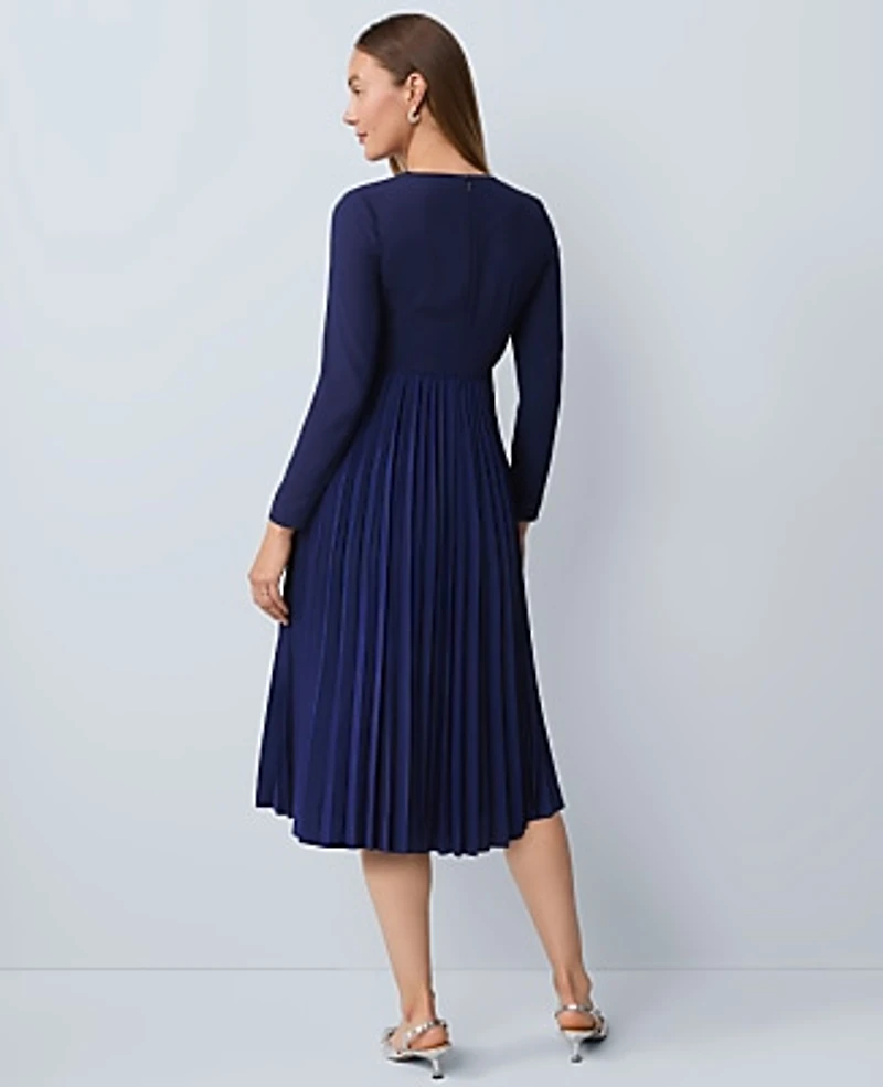 Ann Taylor Petite Pleated Crepe Flare Dress Twilight Sea Women's