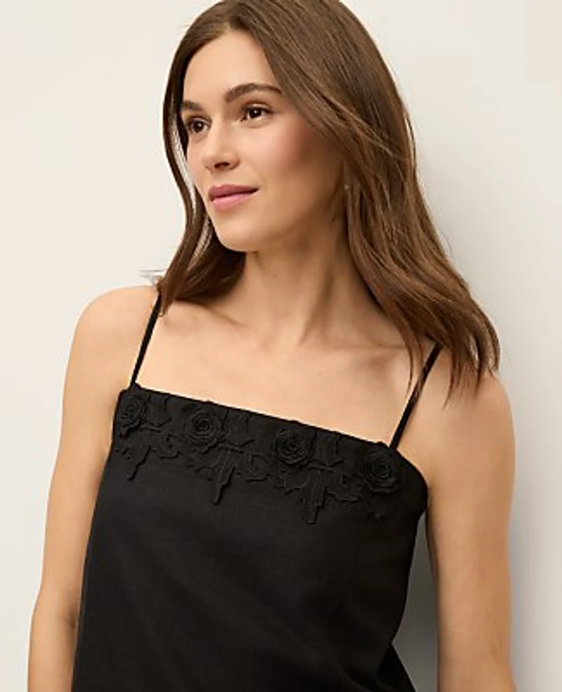 Ann Taylor Floral Appliqué Linen Blend Tank Top Black Women's