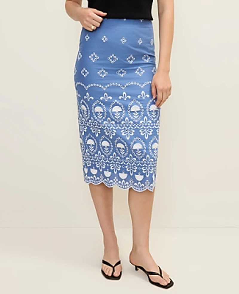 Ann Taylor Embroidered Midi Pencil Skirt Ocean Oasis Women's