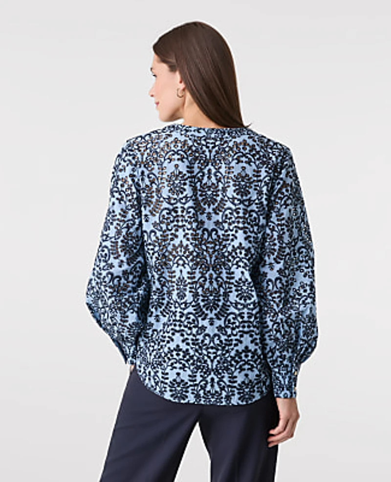 Ann Taylor Petite Embroidered Floral Blouse Blue Multi Women's