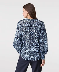 Ann Taylor Petite Embroidered Floral Blouse Blue Multi Women's