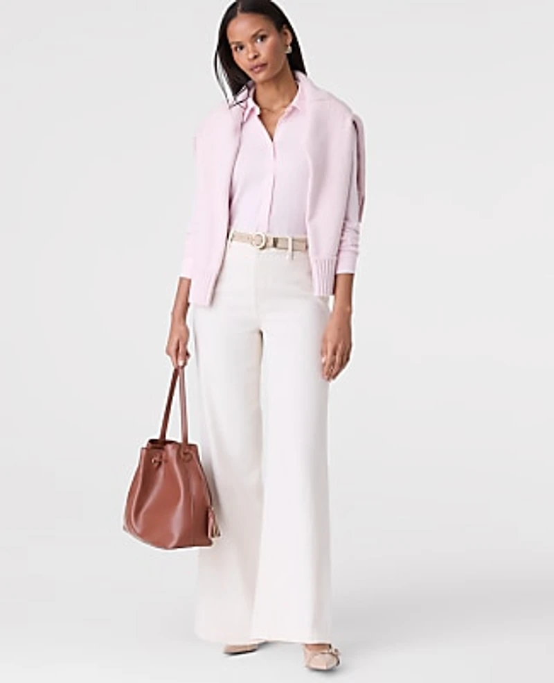 Ann Taylor Petite Button Down Shirt Size Medium Pink Ribbon Women's
