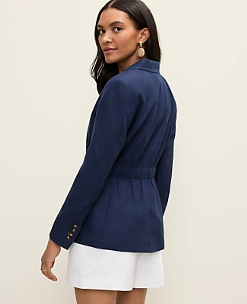 Ann Taylor Weekend Elastic Waist Single Button Blazer Linen Blend Pure Sapphire Women's