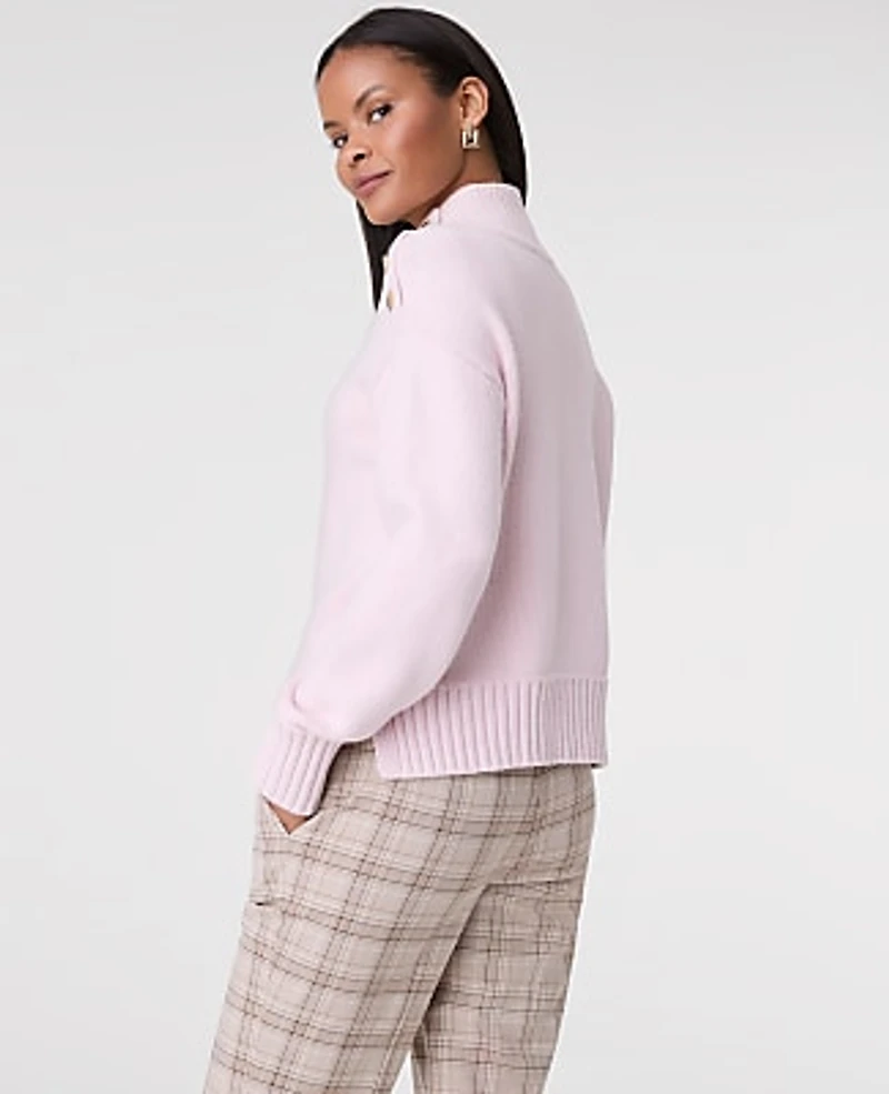 Ann Taylor Petite Button Mock Neck Sweater Pink Ribbon Women's