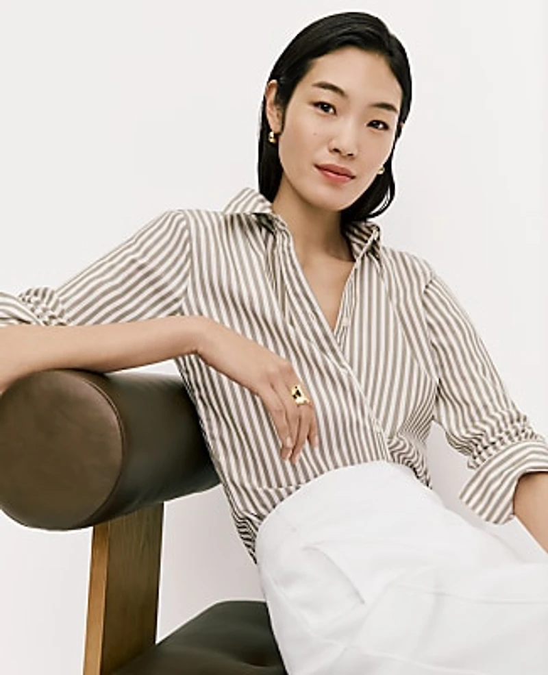 Ann Taylor Striped Relaxed Perfect Shirt Size XS Dried Moss Women's