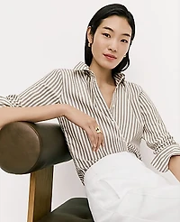 Ann Taylor Striped Relaxed Perfect Shirt Size XS Dried Moss Women's