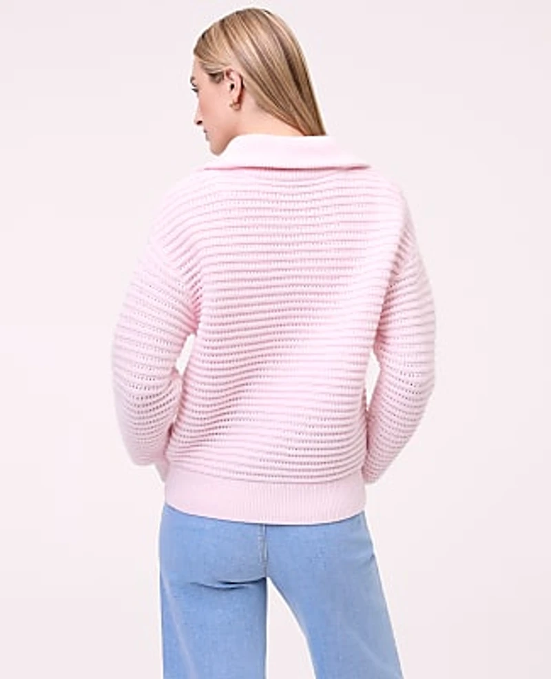 Ann Taylor Petite Weekend Textured Stitch Half-Zip Sweater Soft Pink Heather Women's