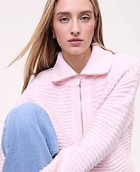 Ann Taylor Petite Weekend Textured Stitch Half-Zip Sweater Soft Pink Heather Women's