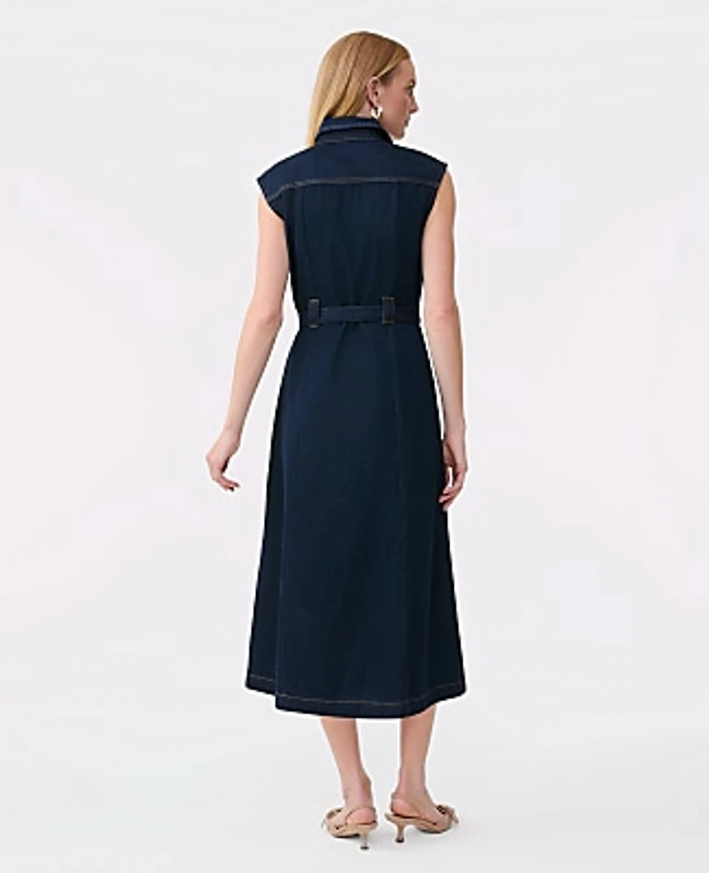 Ann Taylor Petite Belted Denim Midi Shirtdress Size 12 Classic Rinse Wash Women's