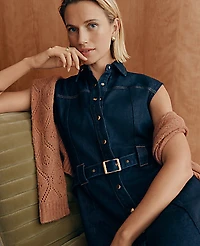 Ann Taylor Petite Belted Denim Midi Shirtdress Size 12 Classic Rinse Wash Women's