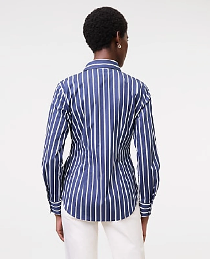 Ann Taylor Striped Tie Waist Button Down Shirt Subdued Navy Women's